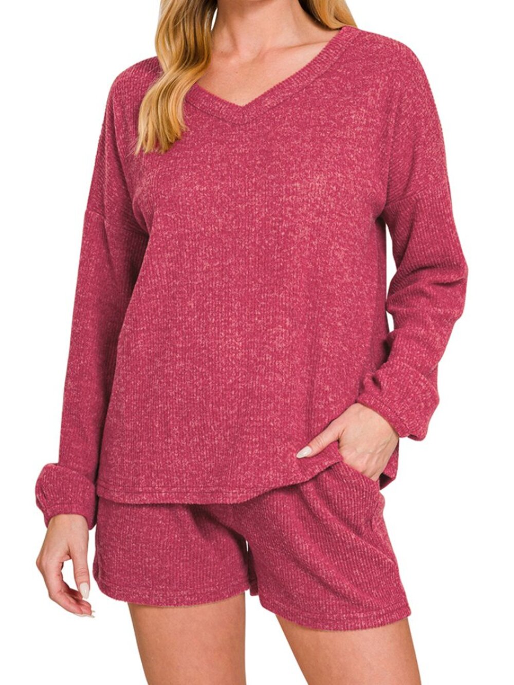Brushed Ribbed Hacci V-Neck Long Sleeve Tee & Shorts Set in Cabernet